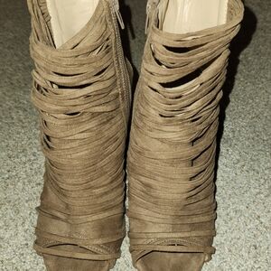 Woven Suede Peep-Toe Ankle Boots - Brown